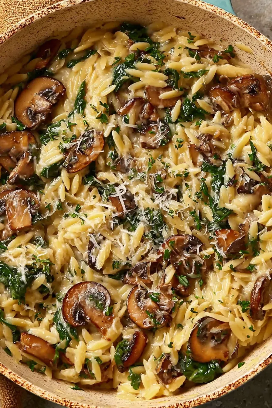 Plated creamy orzo with parsley garnish