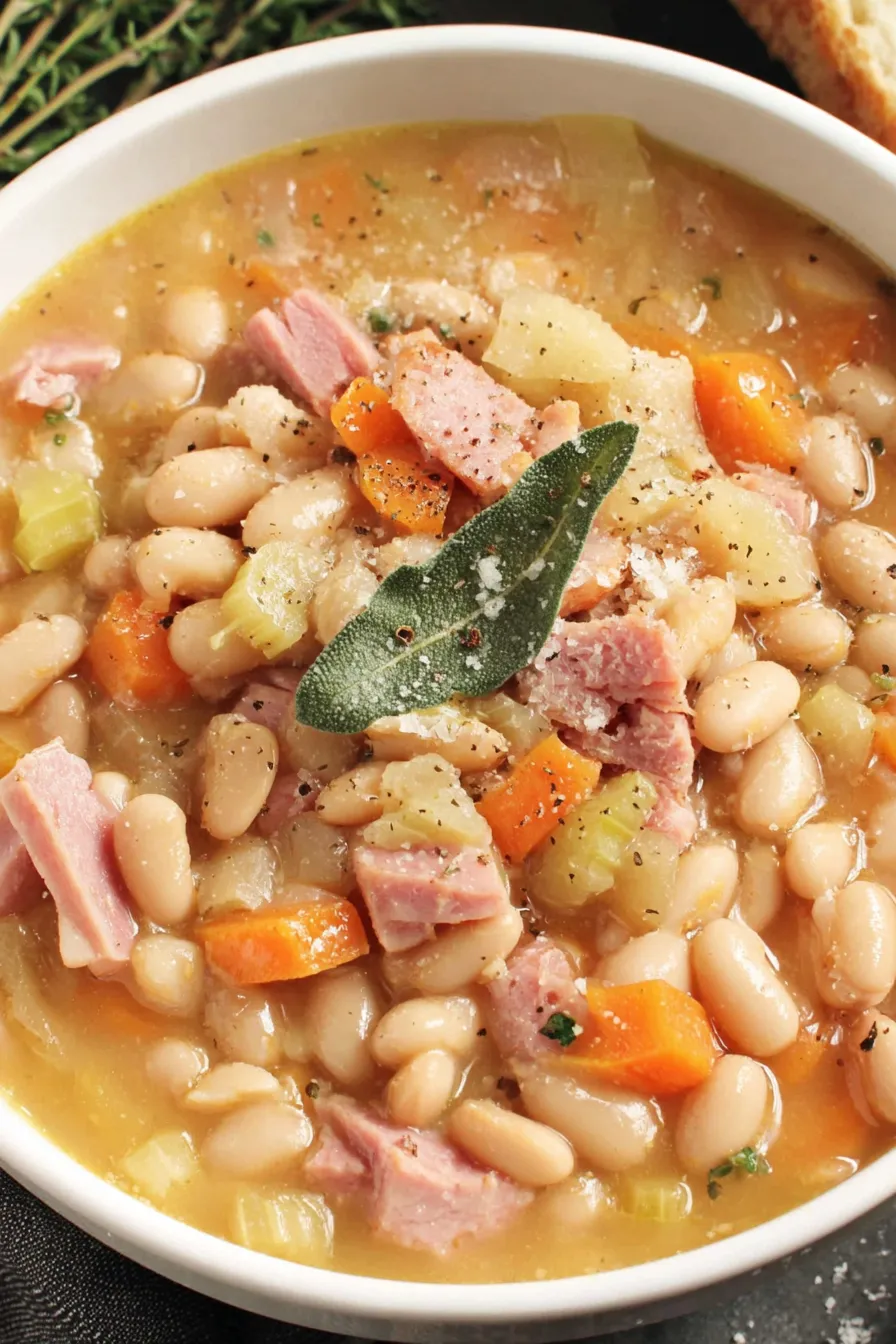 Smoky ham bone and beans simmering in slow cooker