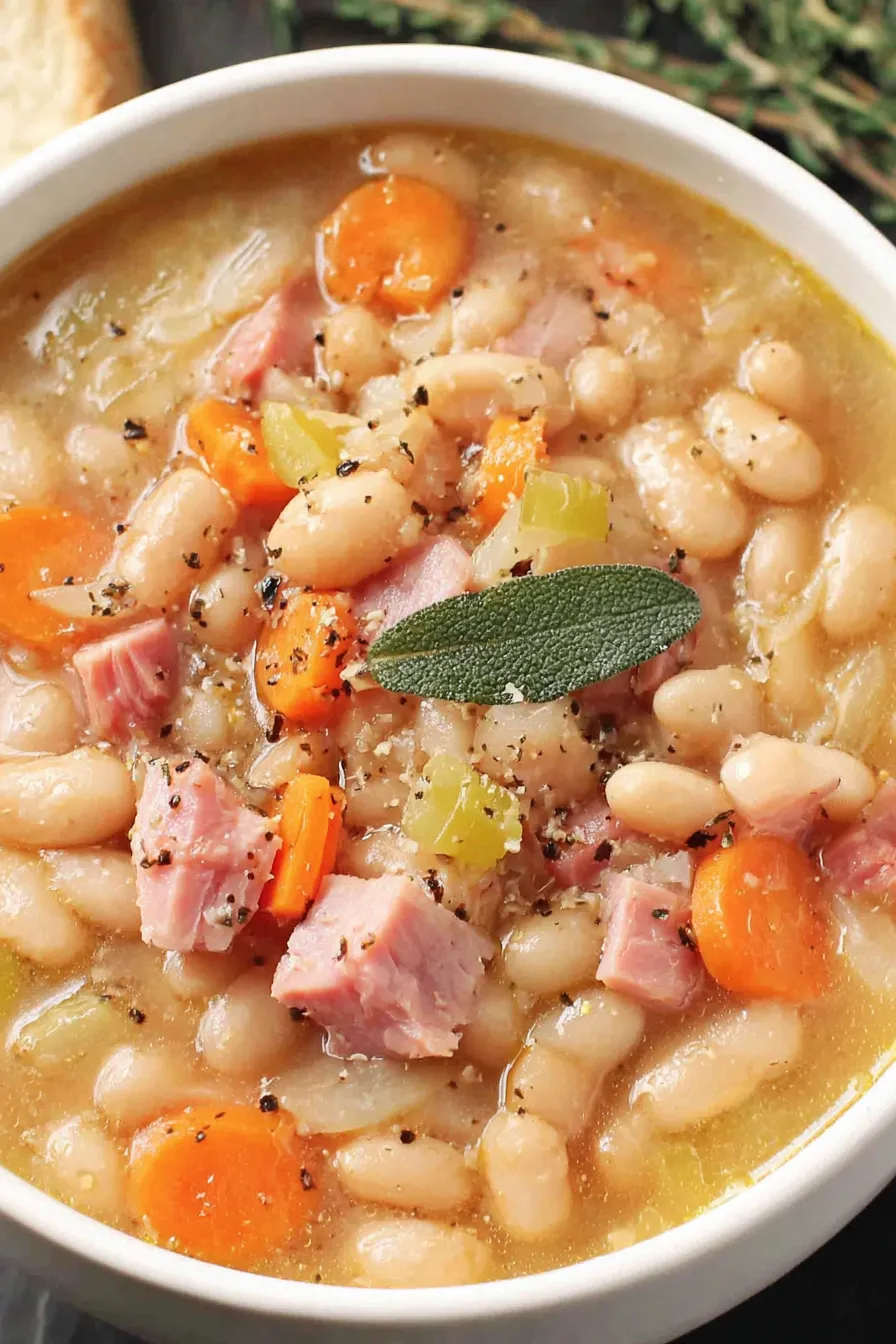 Bowl of ham and bean soup garnished with parsley