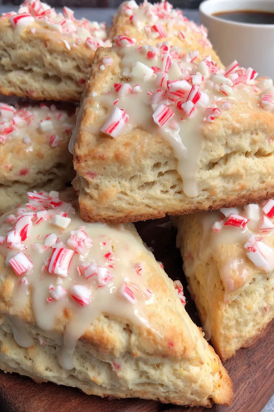 Freshly baked peppermint white chocolate scones on a cooling rack