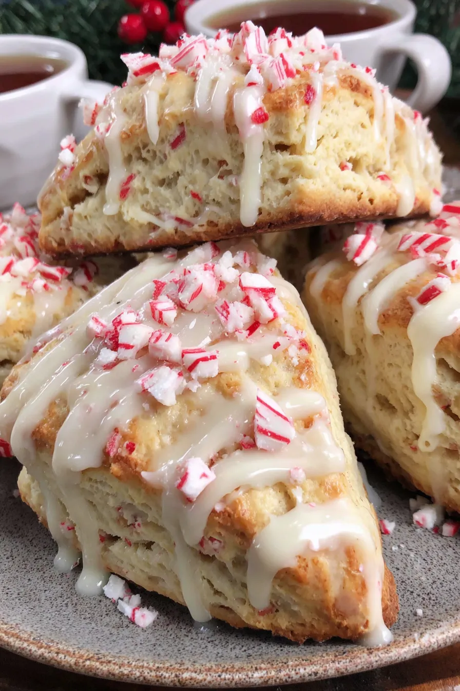 Close-up of white chocolate drizzle and crushed peppermint on scones