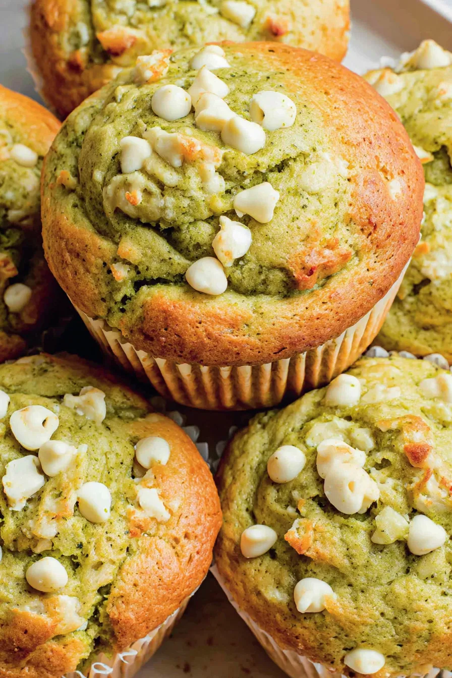 Close up of a split matcha muffin showing white chocolate pockets