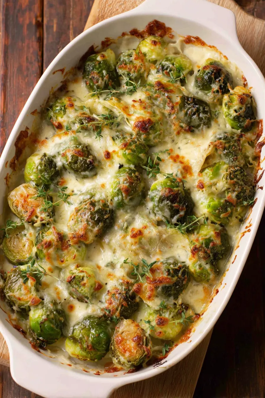 Cheesy Brussels sprouts gratin in a casserole dish