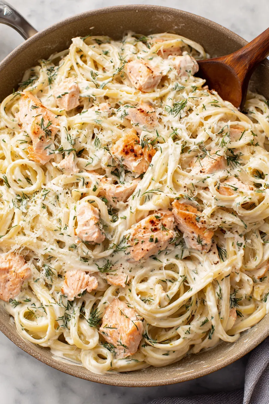 Creamy lemon dill sauce simmering in a skillet with flaked salmon