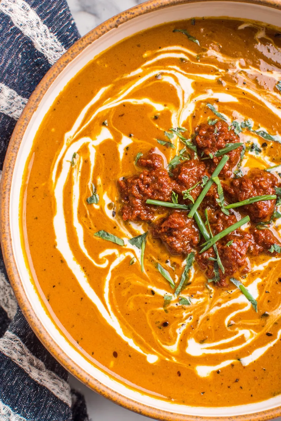 Bowl of spicy chorizo pumpkin soup with green onions