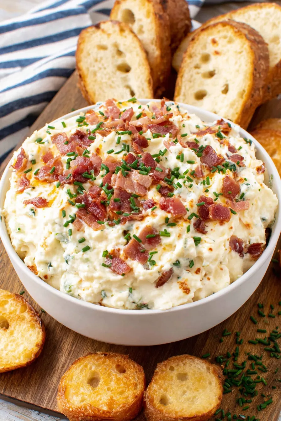 Close up of loaded baked potato dip with cheese and chives