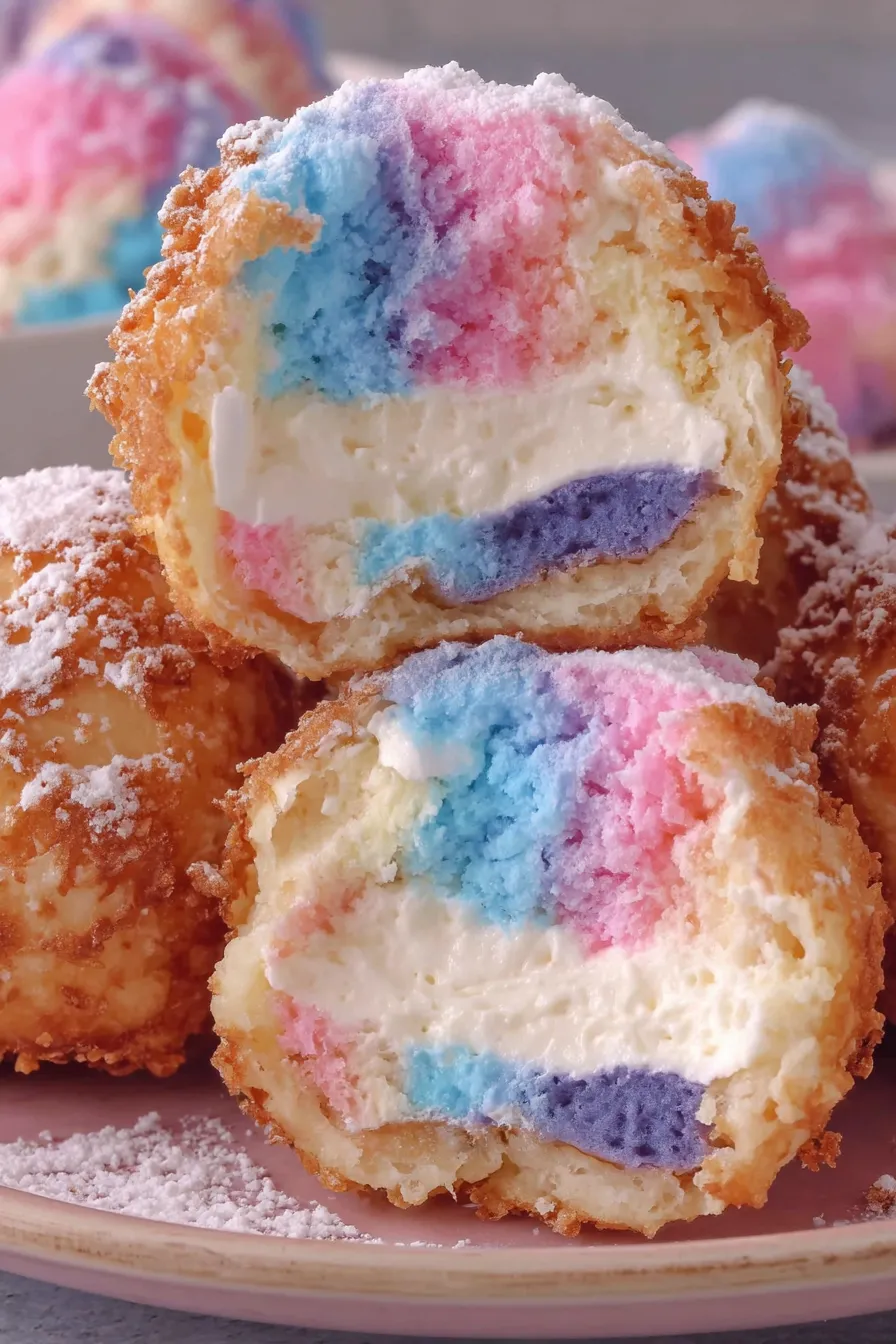 Close-up of a cotton candy topped cheesecake bomb