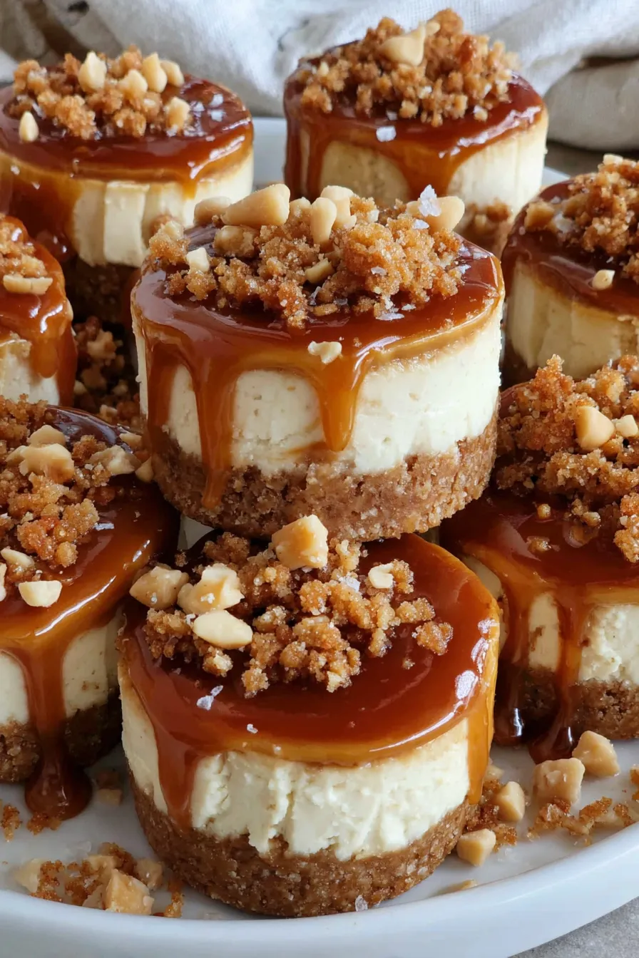 Close-up of a mini cheesecake with caramel drizzle and chopped peanuts