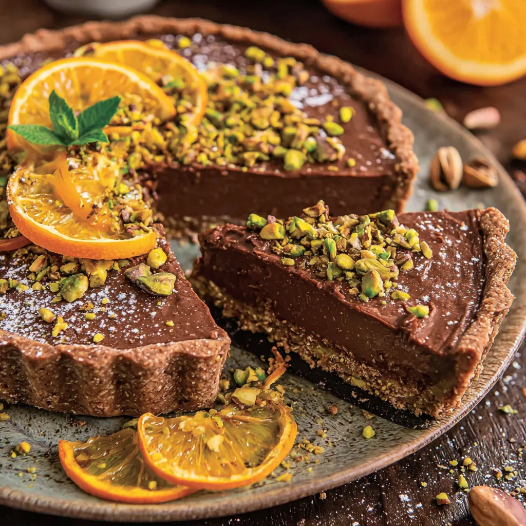 Chocolate Tart with Orange Marmalade and Pistachios
