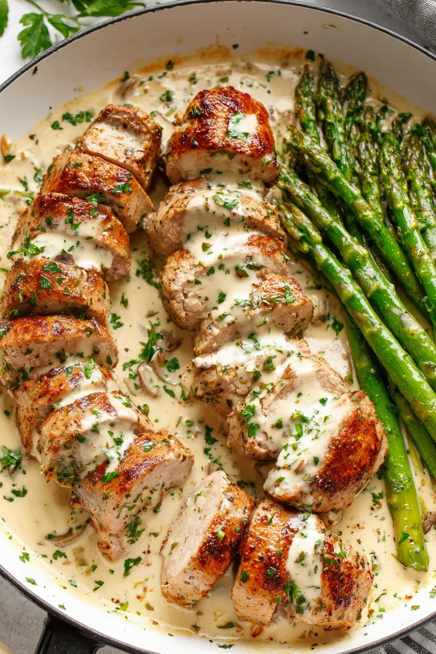 Seared pork tenderloin in creamy white wine sauce