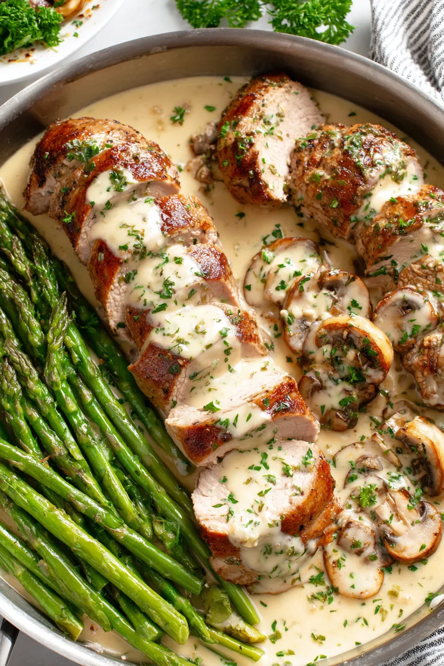 Plated pork tenderloin with parsley garnish