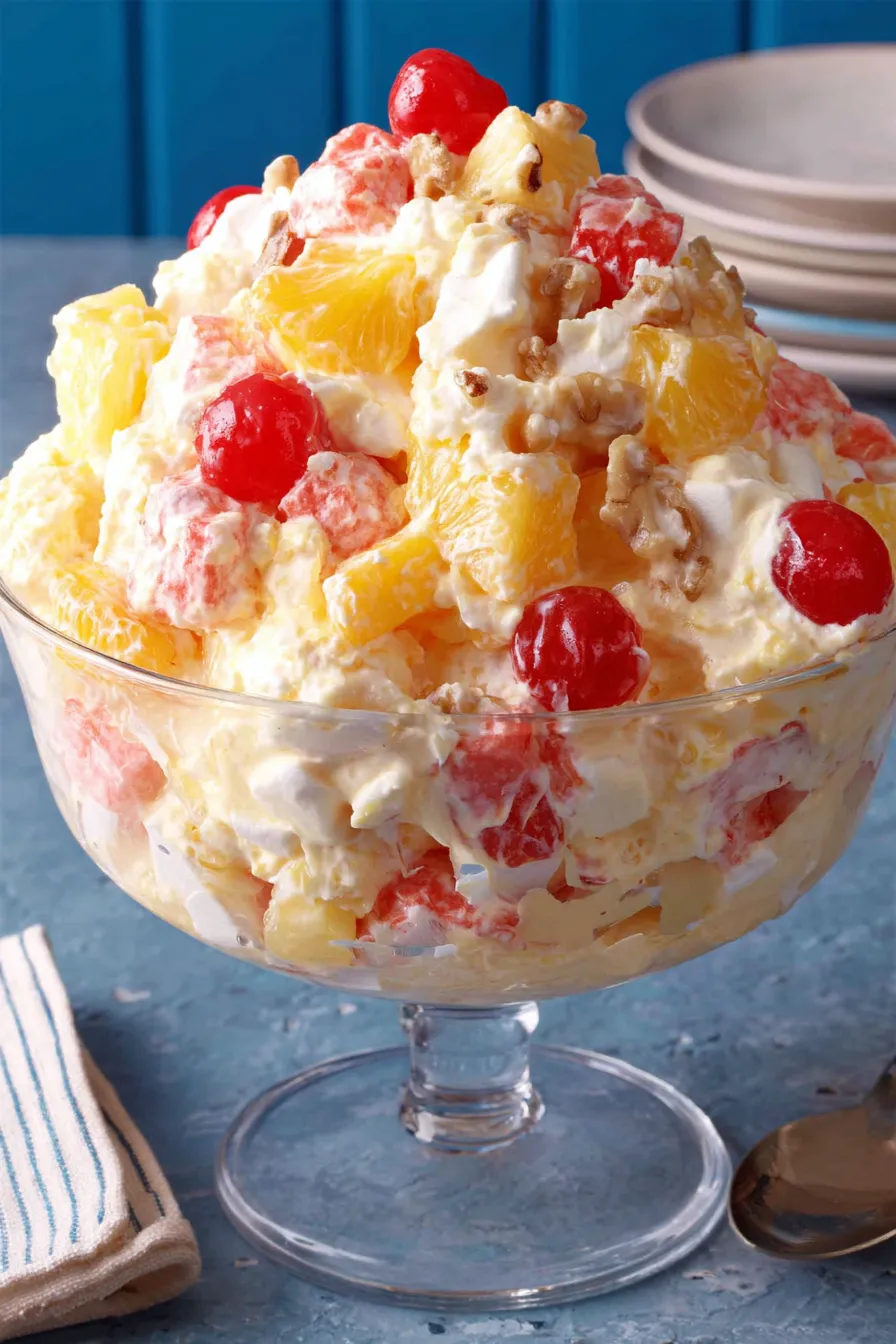 Ambrosia fruit salad in a glass bowl with colorful fruit and marshmallows