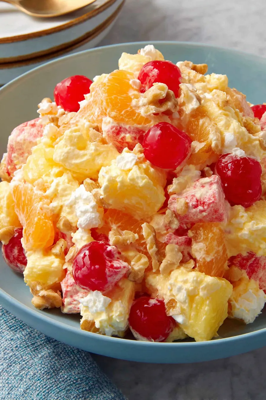 Close-up of ambrosia salad with coconut and marshmallows