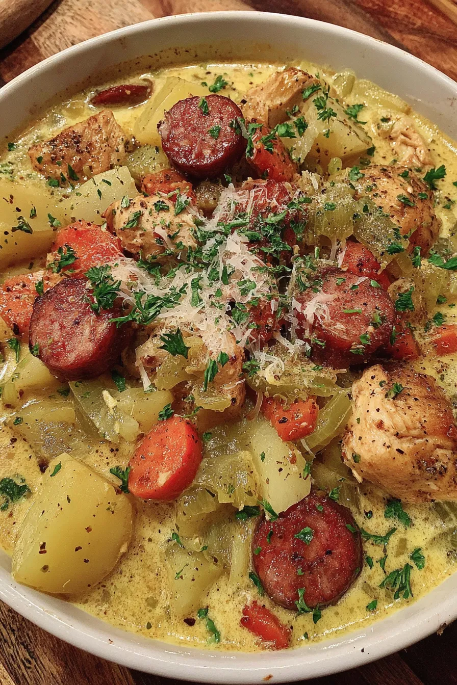 Spoonful of creamy chicken sausage stew