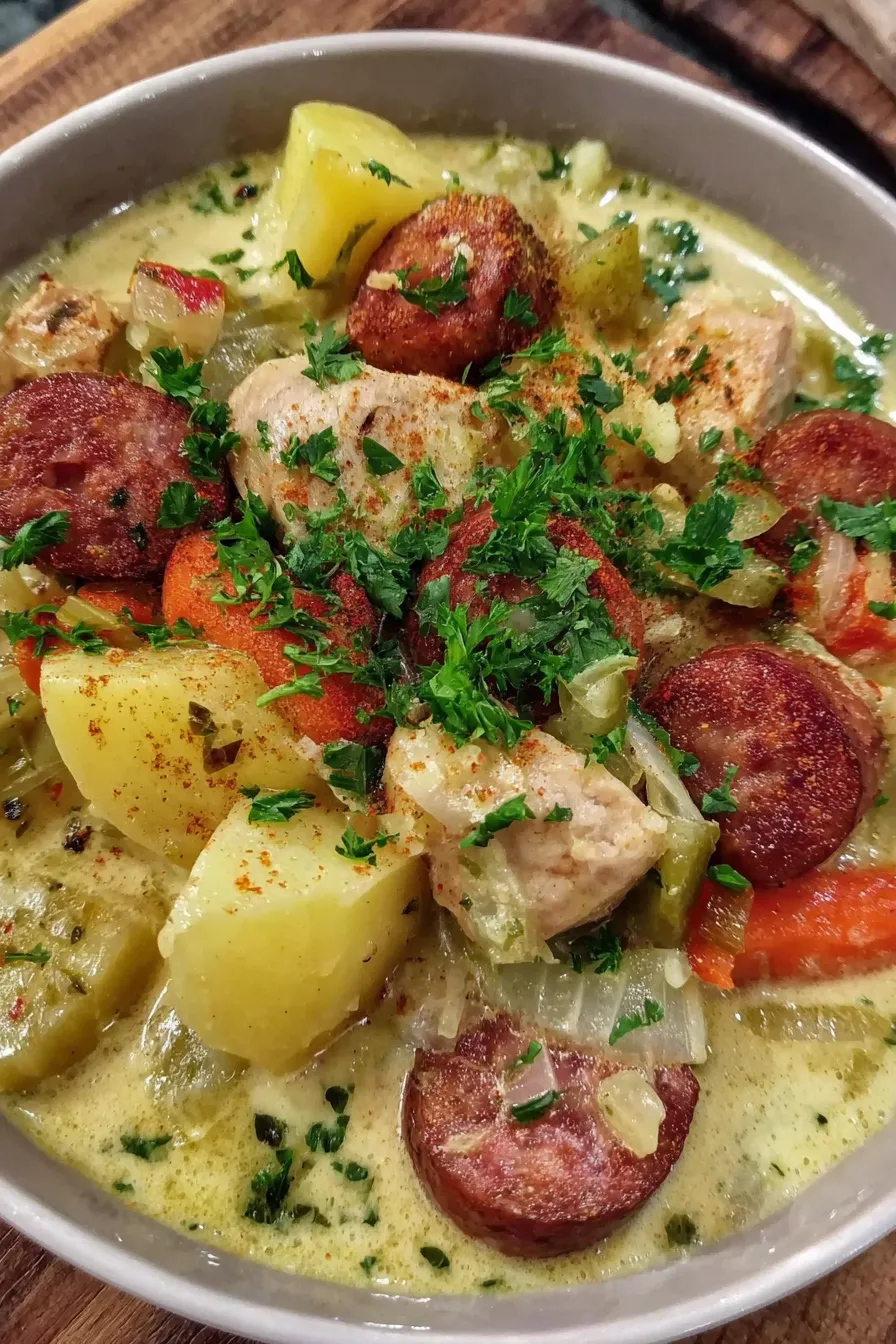 Bowl of creamy stew garnished with parsley