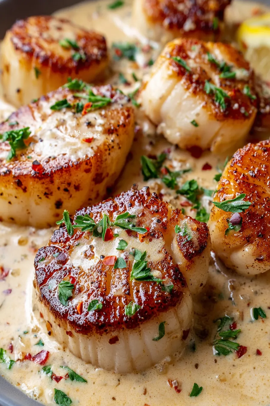 Seared scallops in skillet with cream sauce