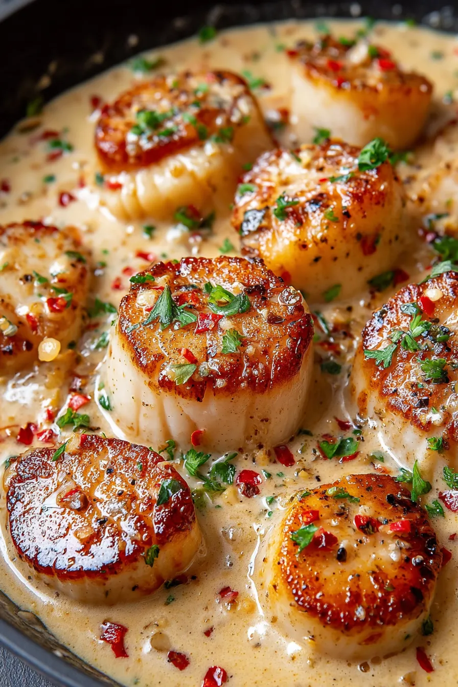 Plated scallops with creamy sauce and parsley garnish