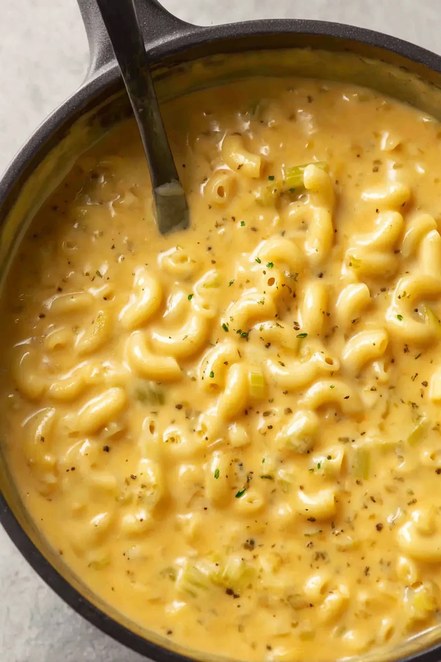 Bowl of mac and cheese soup in a rustic pot
