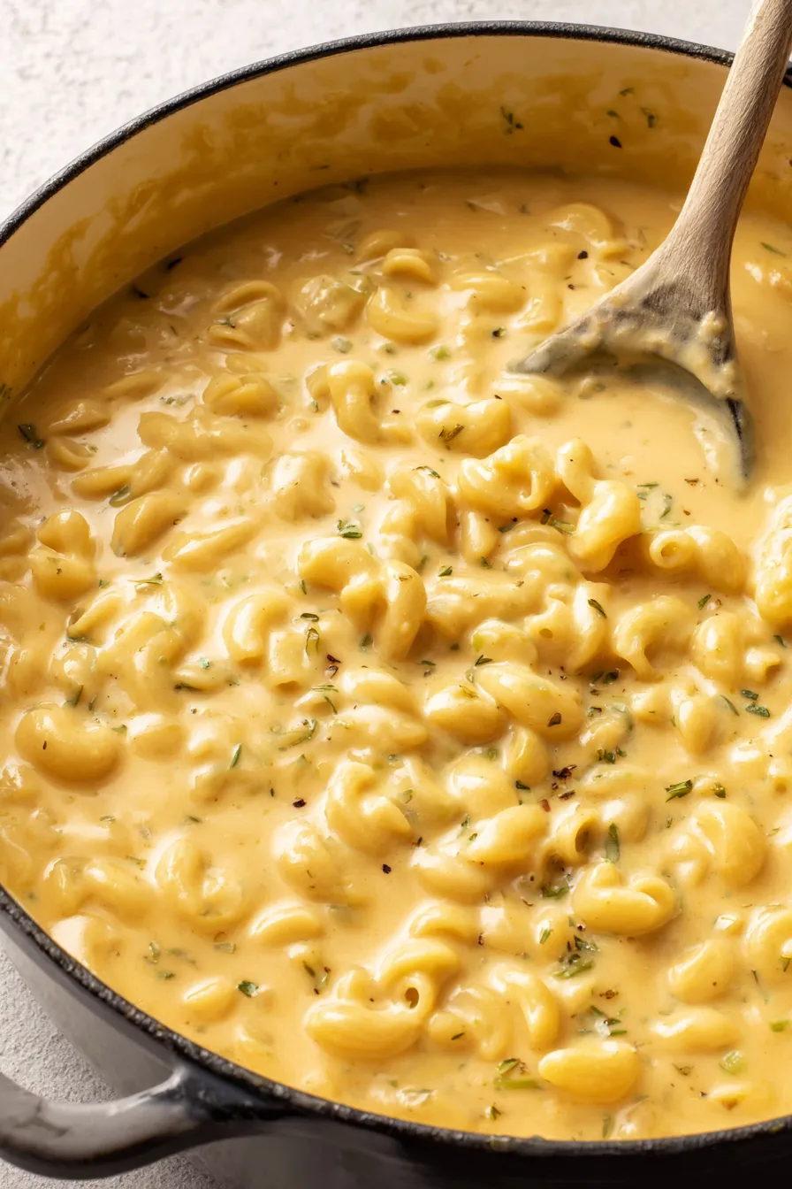 Close-up of creamy mac and cheese soup with shredded cheddar