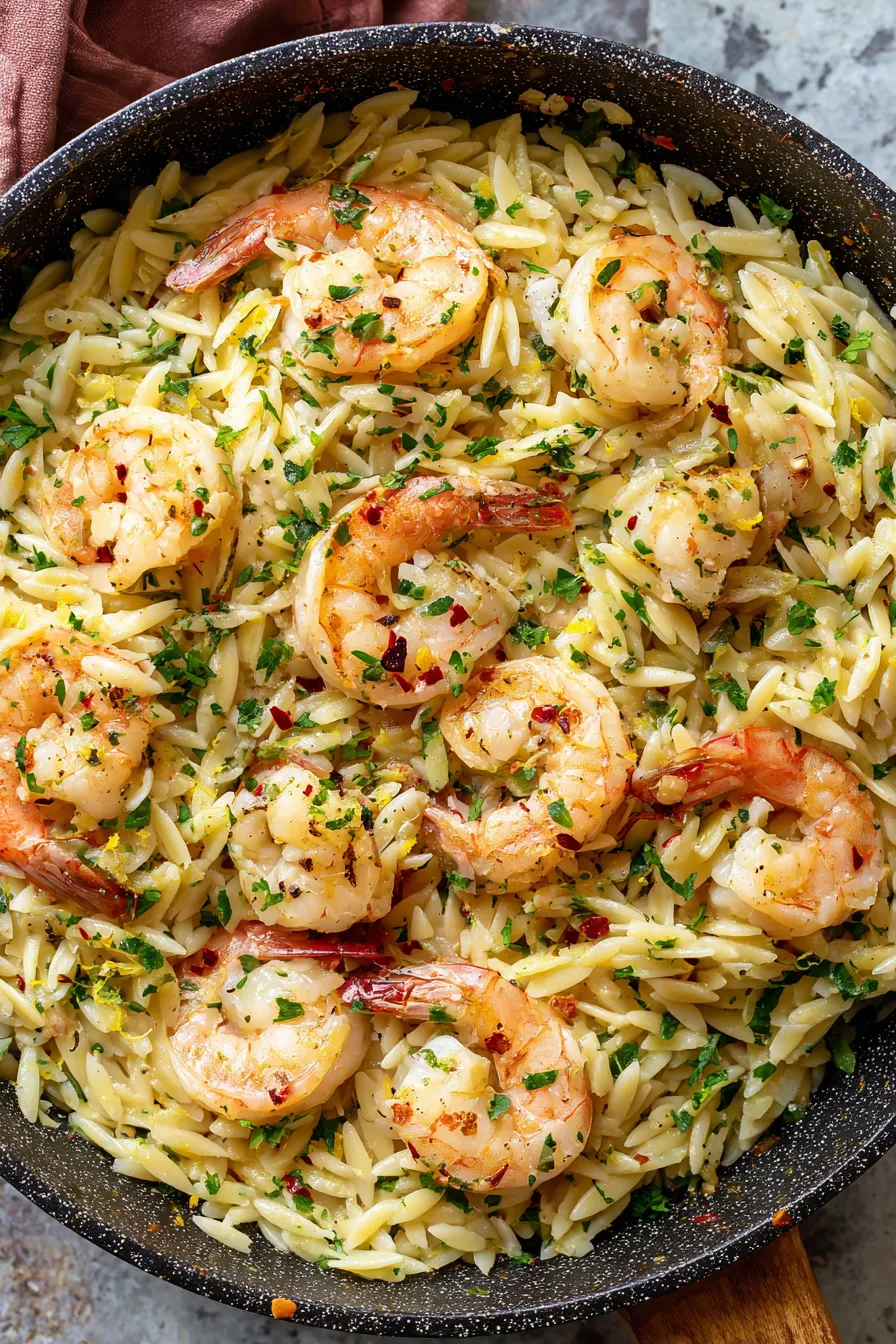 Pan of shrimp scampi orzo with parsley garnish