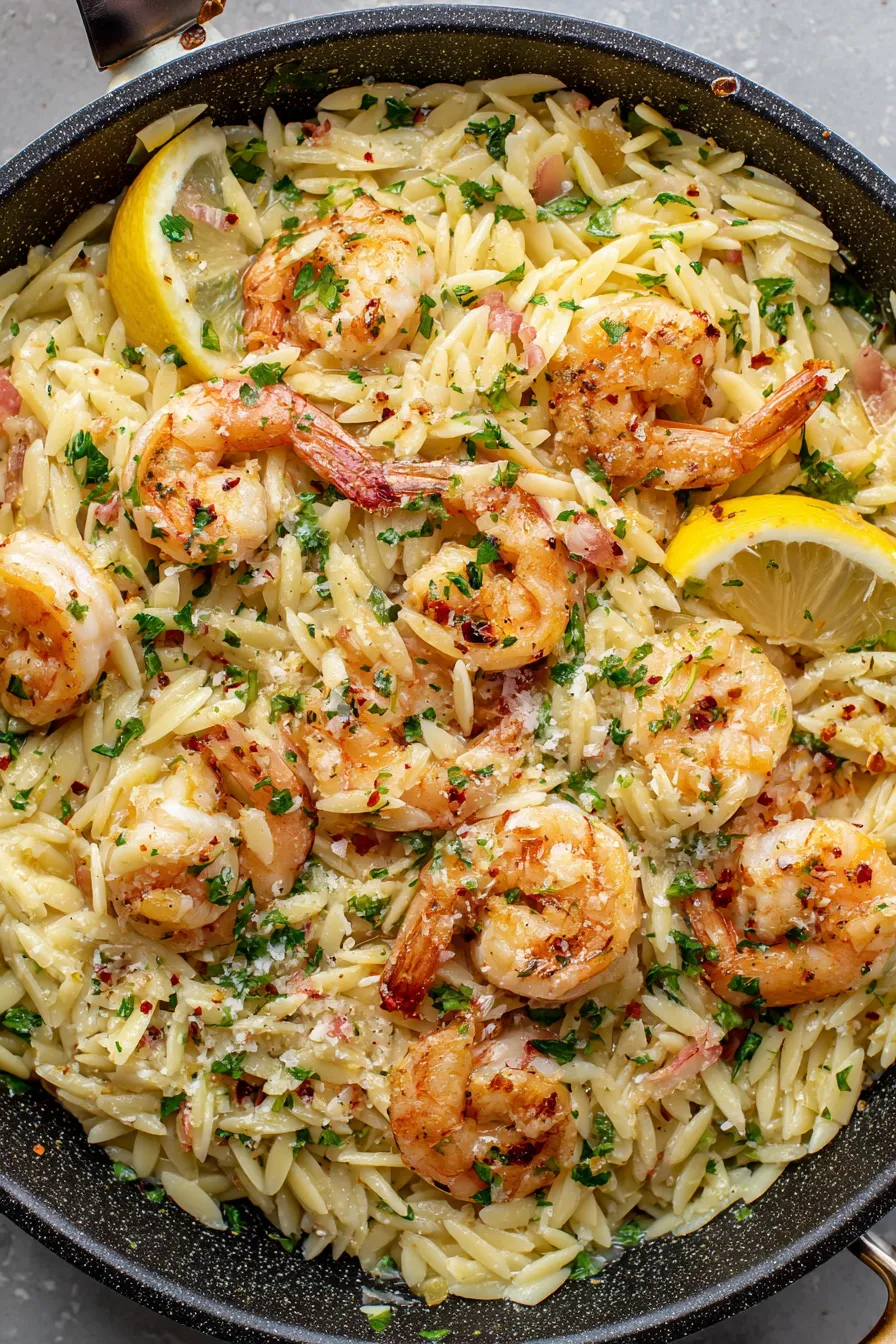 Close-up of garlic and herbs for shrimp scampi orzo