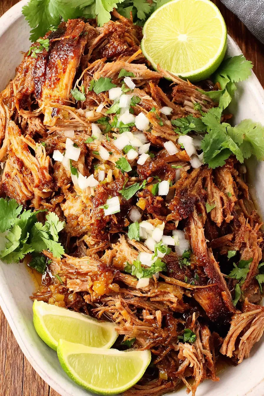 Plated carnitas tacos with garnish