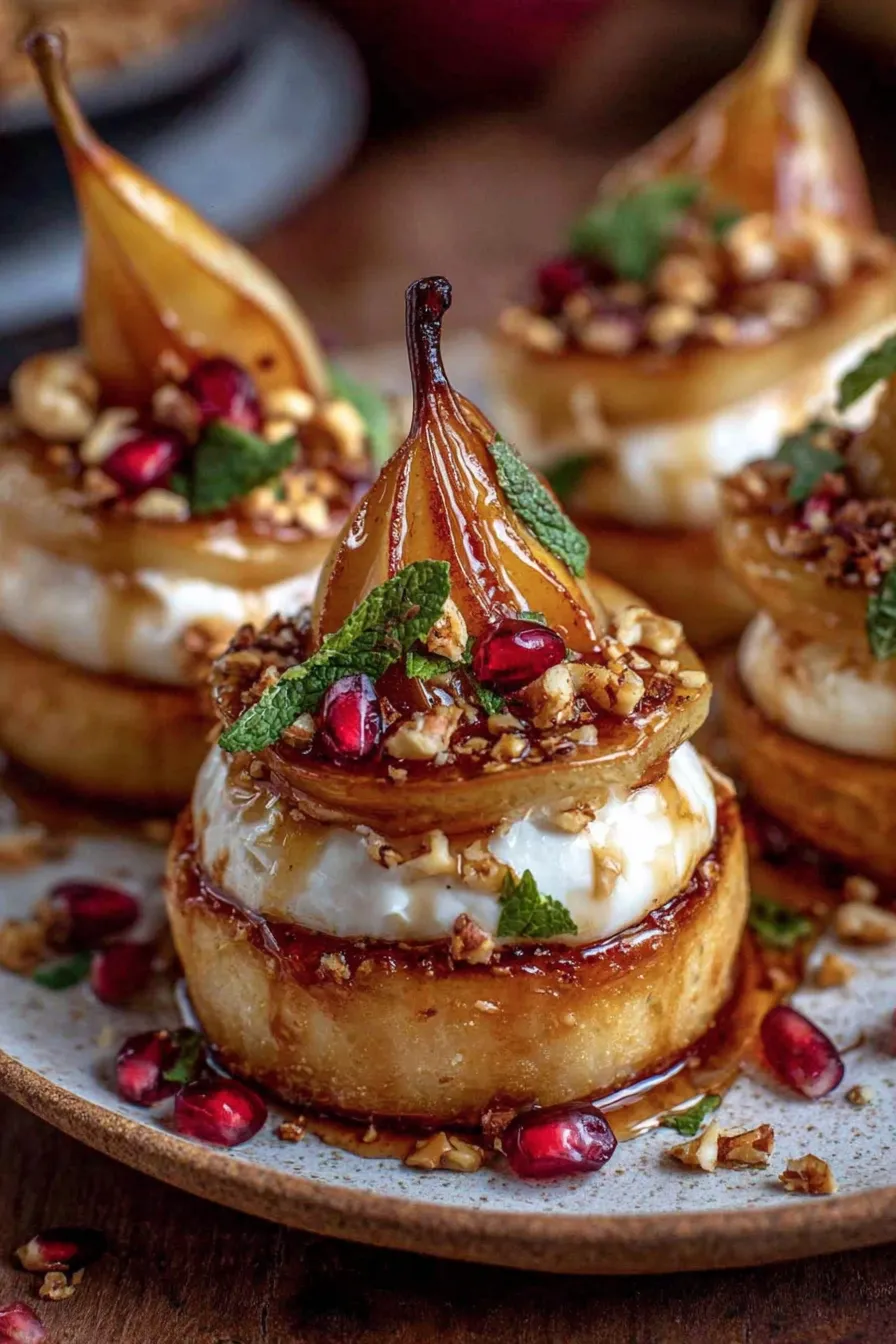 Caramelized pear and burrata tower on a plate