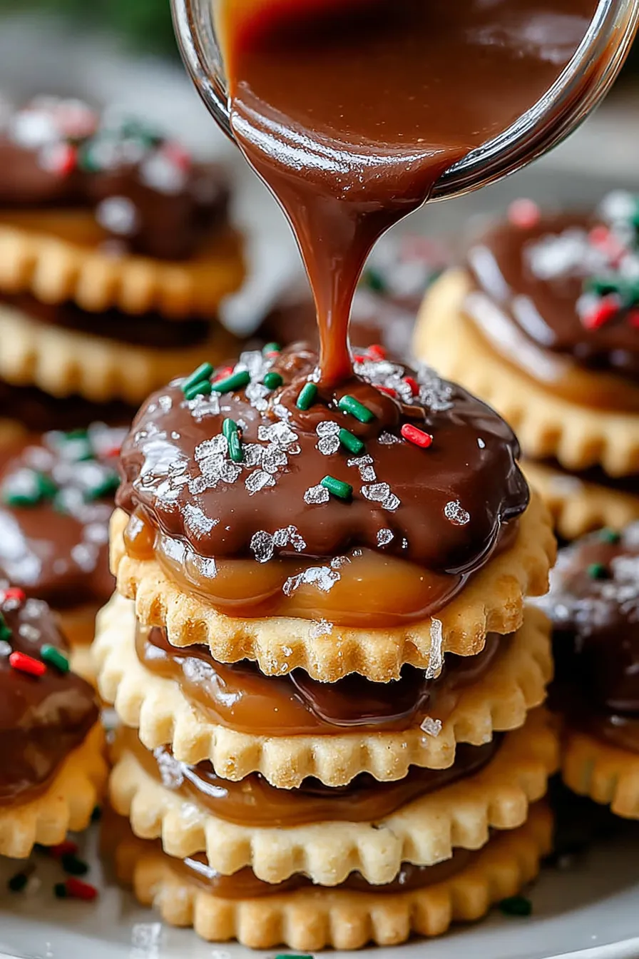 Close-up of chocolate-coated caramel cracker cookies