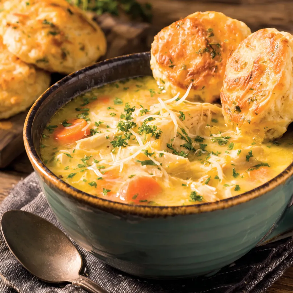 Chicken Pot Pie Soup with Cheddar Crust Dippers