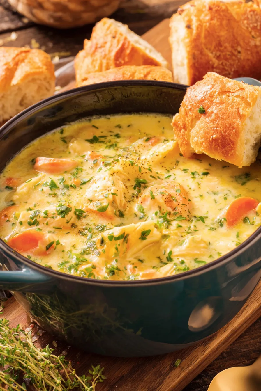 Golden cheddar crust dippers next to a bowl of creamy chicken soup