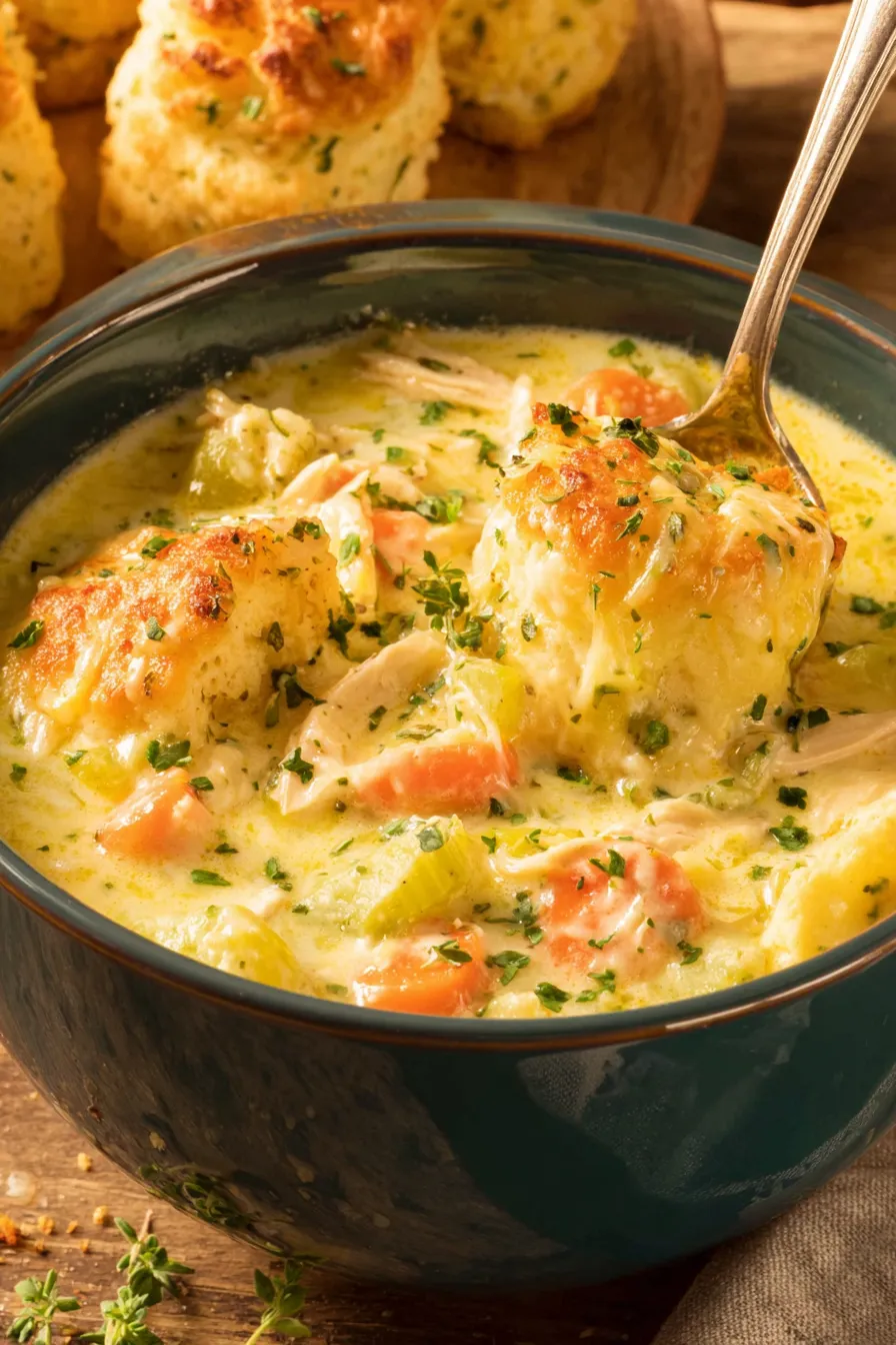 Close up of shredded chicken and vegetables in creamy soup