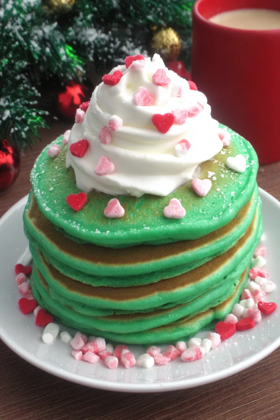 Green pancakes with cream cheese glaze and red heart candies