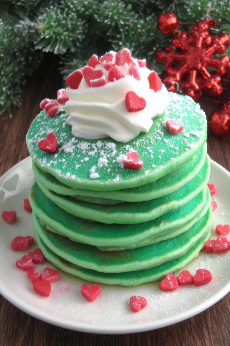 Close up of green pancakes with whipped cream