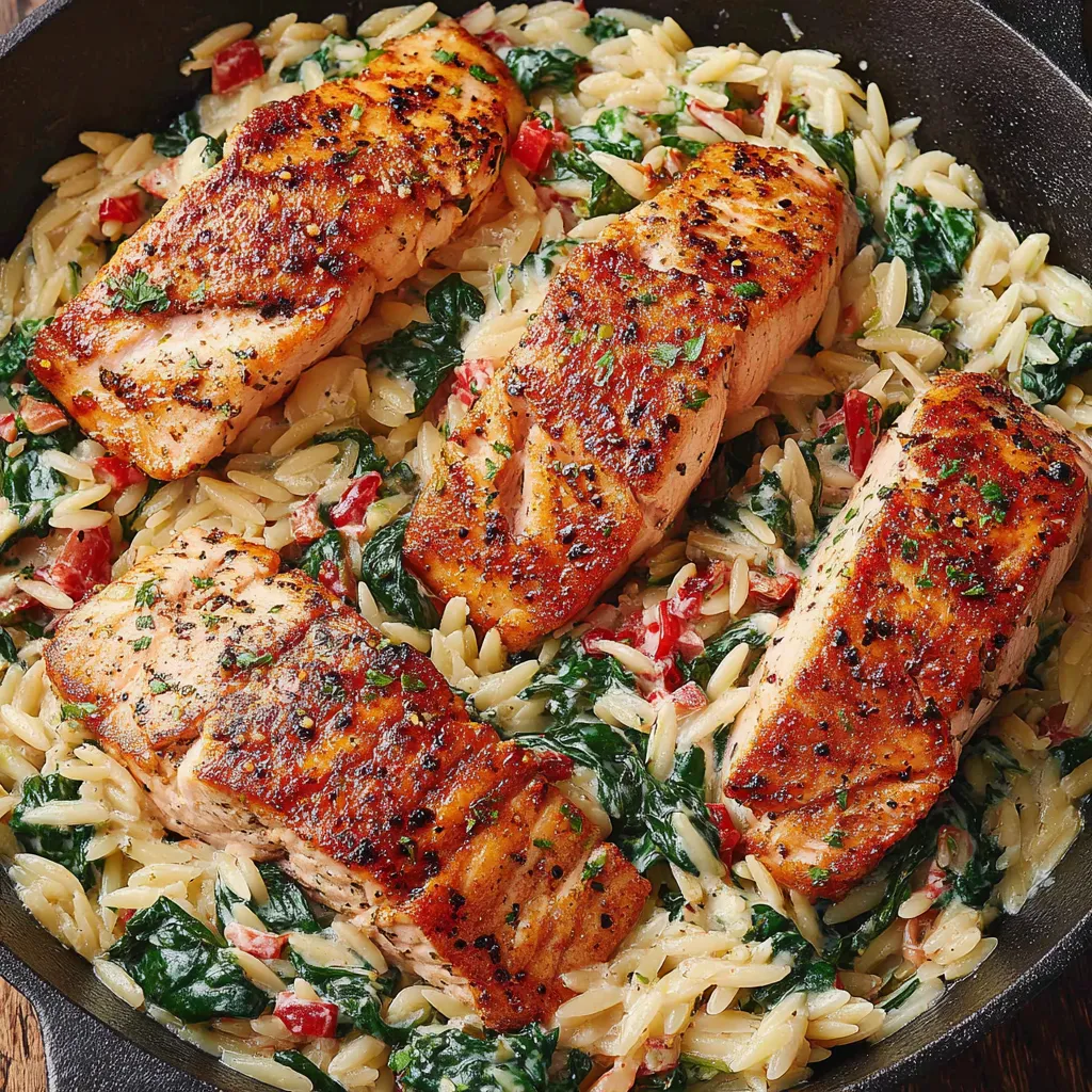 Pan-Seared Salmon with Creamy Spinach Orzo