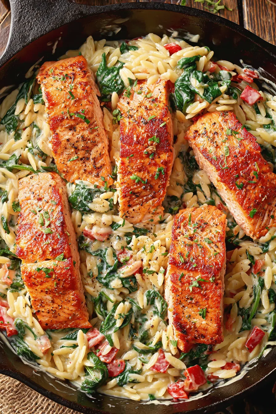 Pan-seared salmon fillet resting on creamy spinach orzo