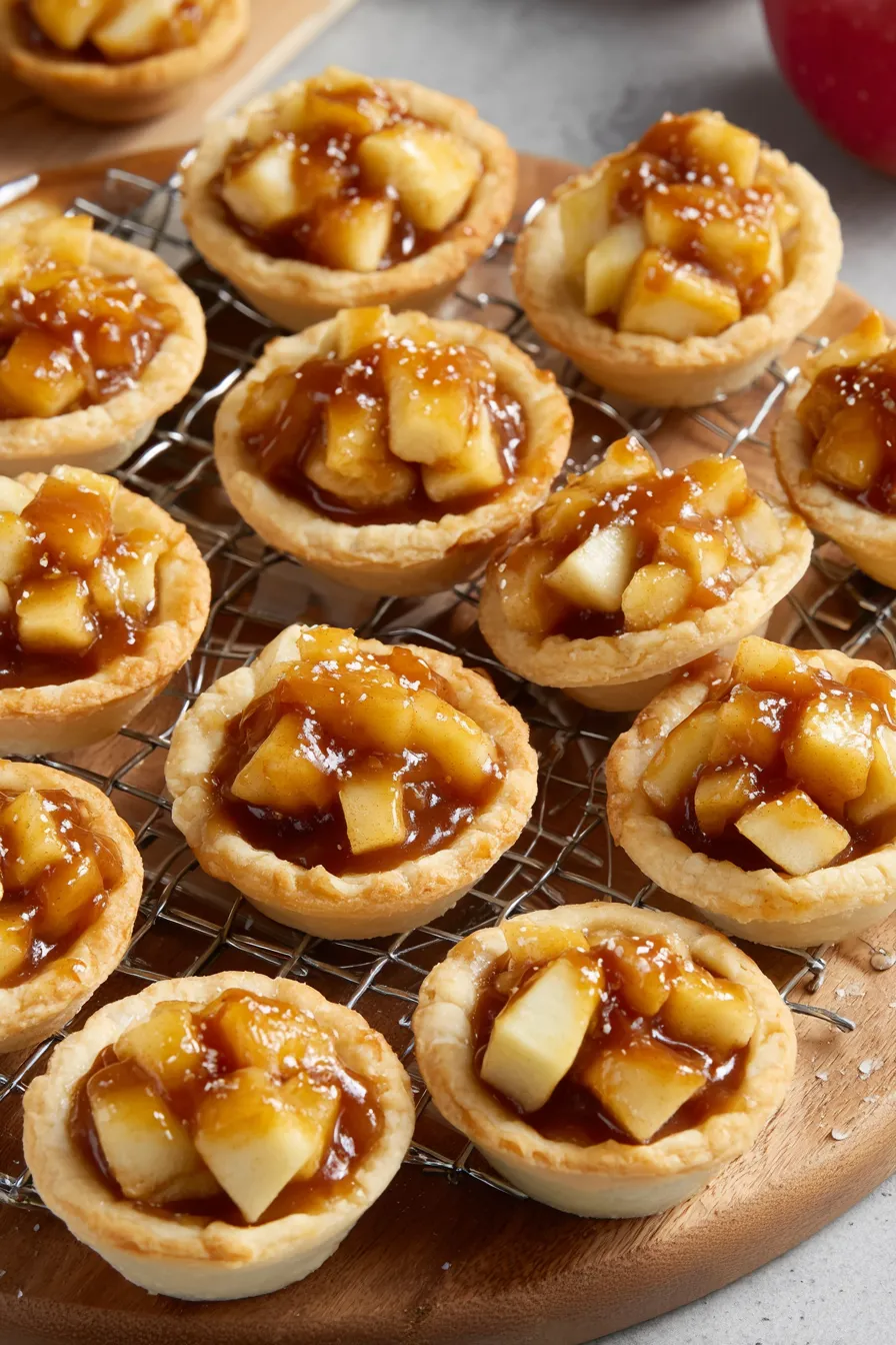 Caramel apple tartlets on a wire rack