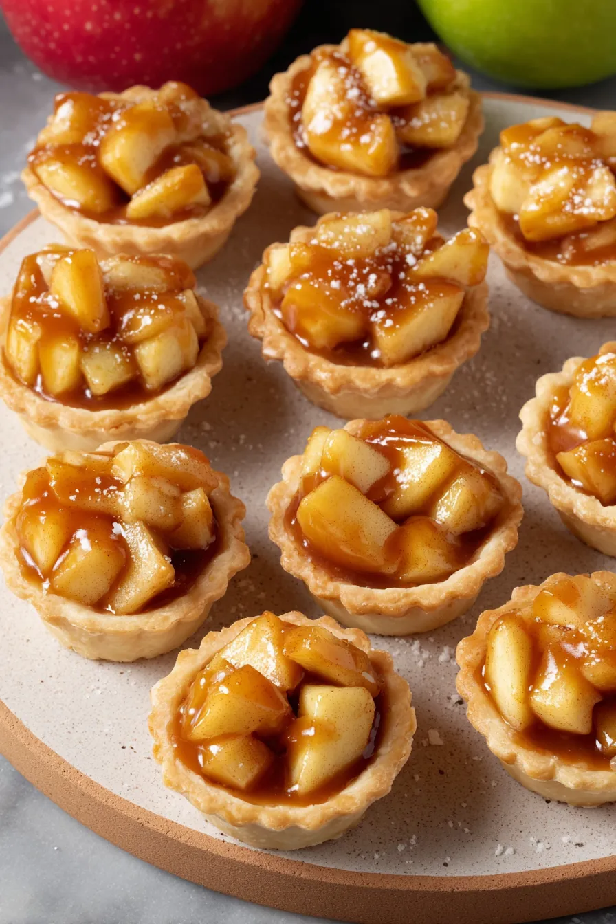 Close up of apple filling being spooned into tart shells