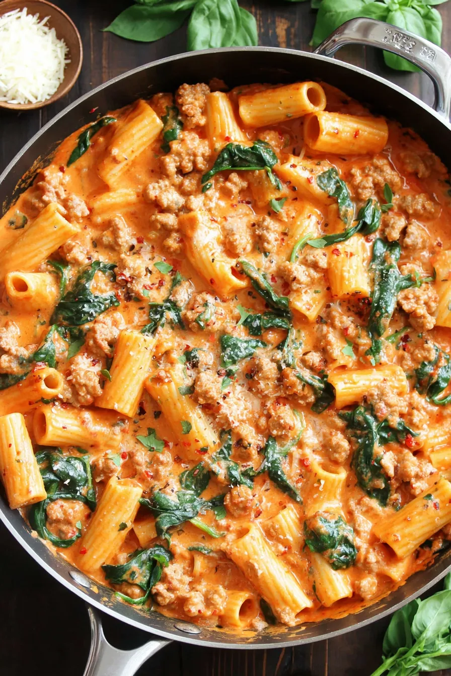 Creamy sausage rigatoni being stirred in a skillet