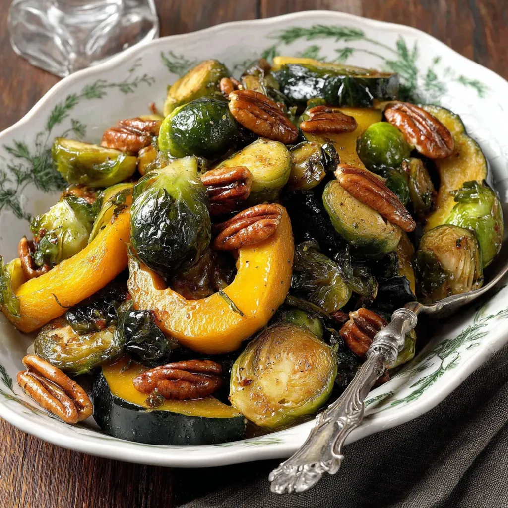Roasted Acorn Squash & Brussels Sprouts with Maple Pecan Glaze