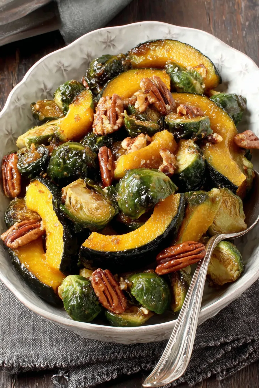 Roasted acorn squash and Brussels sprouts on a baking sheet with pecans