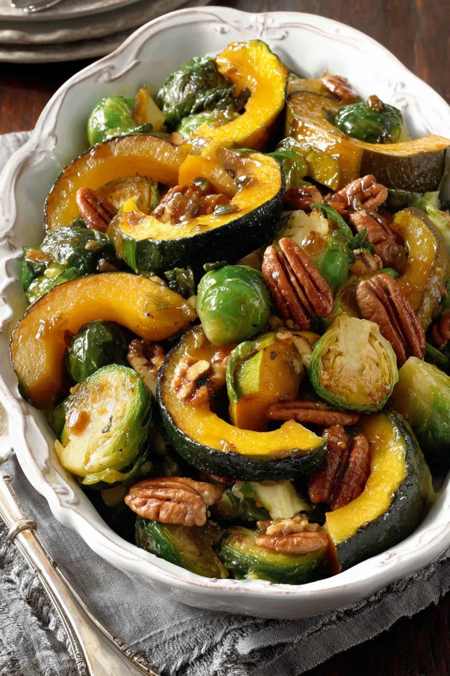 Maple glazed pecans in a skillet ready to be added to roasted vegetables