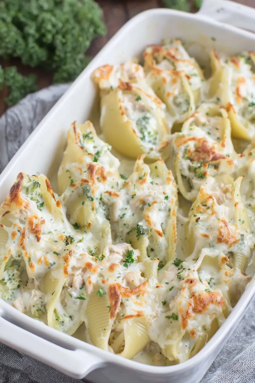 Baked chicken Alfredo stuffed shells in a baking dish