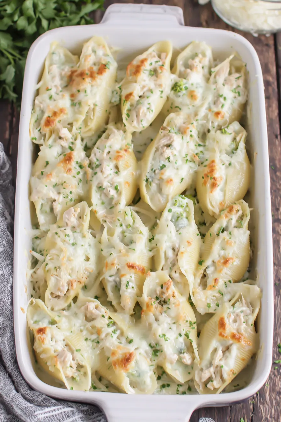 Close-up of a stuffed pasta shell with creamy Alfredo and chicken