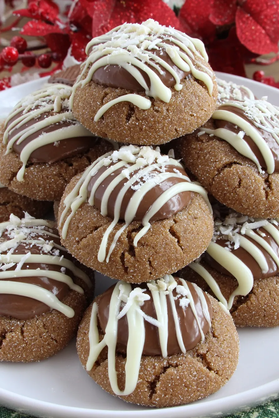 Close up of a gingerbread cookie with a Hershey Kiss
