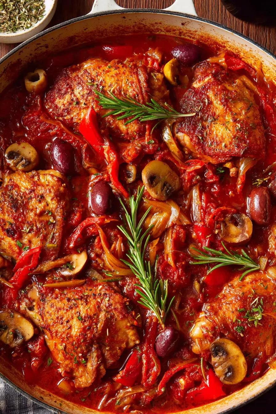 Chicken Cacciatore braising in a pot