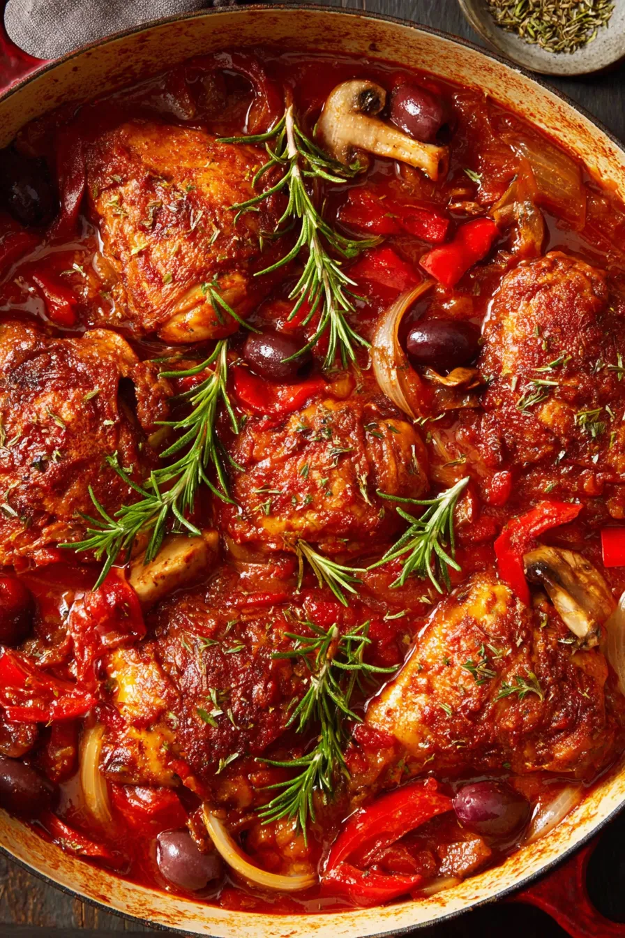 Plated Chicken Cacciatore with polenta and parsley