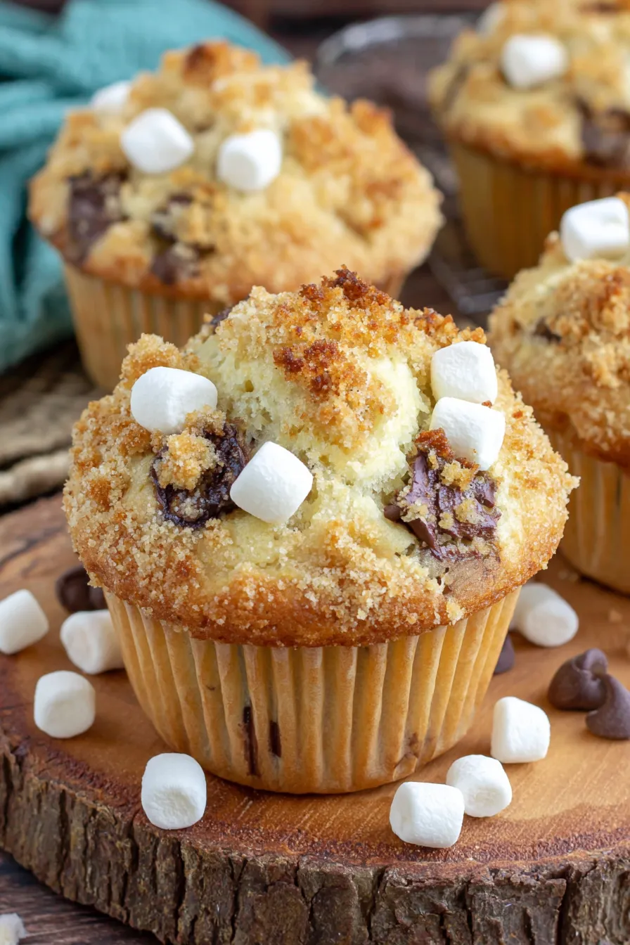 Close-up of a s'mores muffin split open to show melted chocolate
