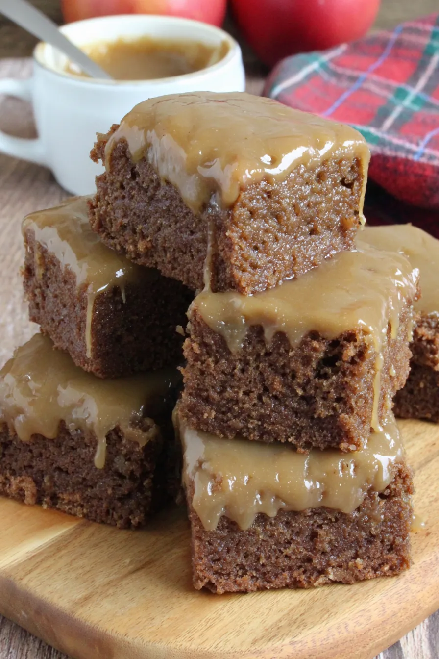 Close-up slice of apple brownie with glaze