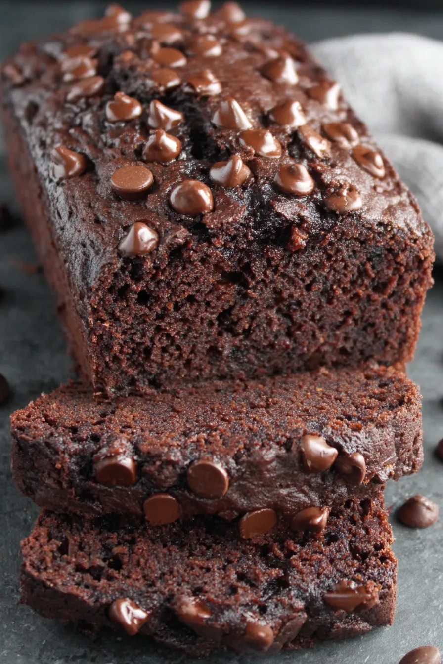 Sliced chocolate banana bread on a wire rack