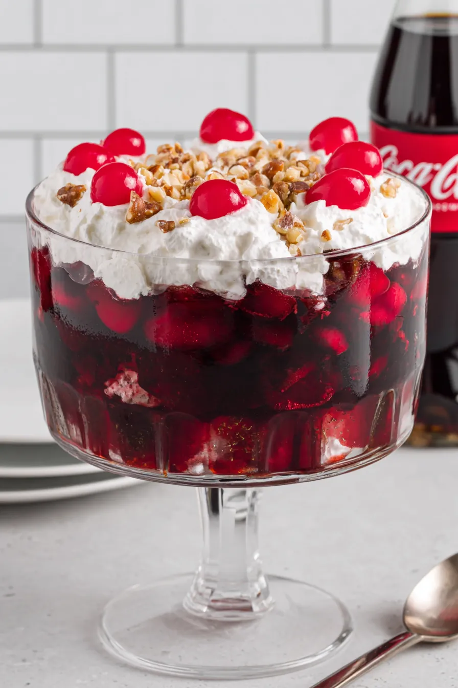 Trifle bowl with set cherry gelatin and fruit